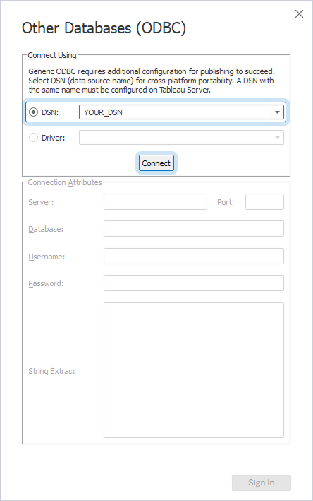 The Other Databases (ODBC) dialog in Tableau Desktop