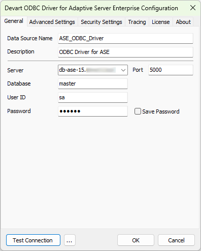 The Devart ODBC Driver for ASE Configuration window with completed fields