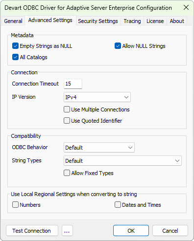 The Advanced Settings tab of the Devart ODBC Driver for ASE Configuration window