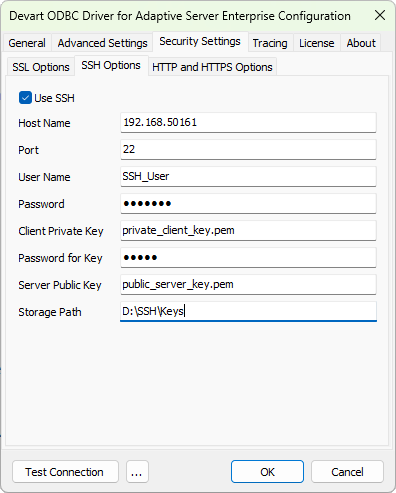 The SSH Options tab under Security Settings in the ODBC Data Source Administrator with the filled out fields