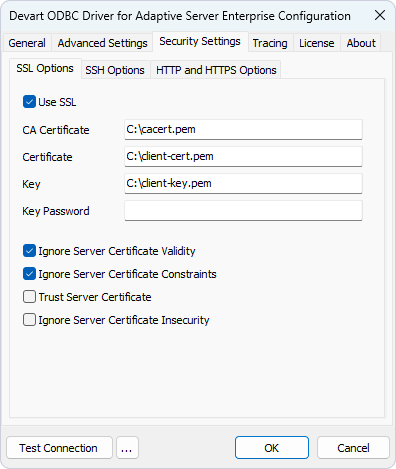 The Security Settings tab in the ODBC Data Source Administrator with the filled CA Certificate, Certificate, and Key fields