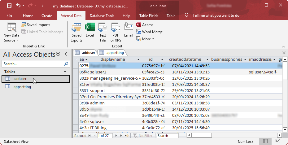 The imported table appeared in the Tables navigation pane displaying its contents