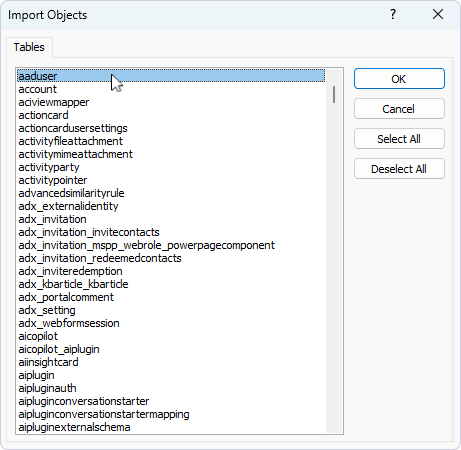 Select the tables for import