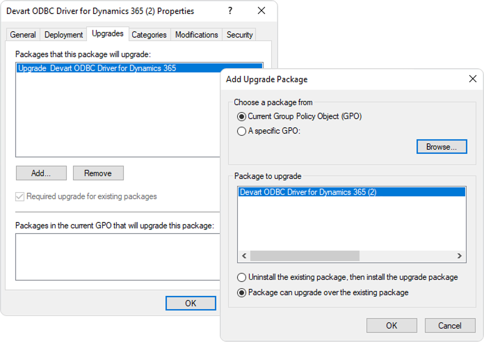 Properties dialog for the ODBC driver and Add Upgrade Package dialog with the option to upgrade over the existing package selected.