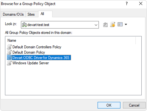 Browse for a Group Policy Object dialog with the driver policy selected.