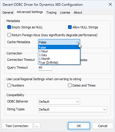 The Cache Metadata drop-down list on the Advanced Settings tab in the Devart ODBC Driver Configuration dialog