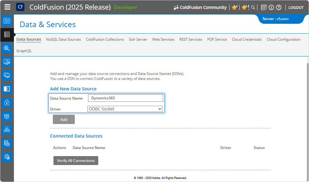 The Data & Services page with the filled Data Source Name and Driver fields