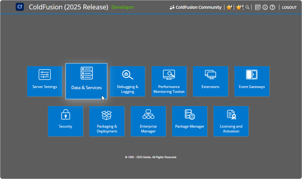 The Data & Services tile on the ColdFusion Administrator dashboard