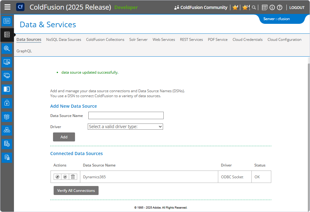 The Data & Services page with the added data source