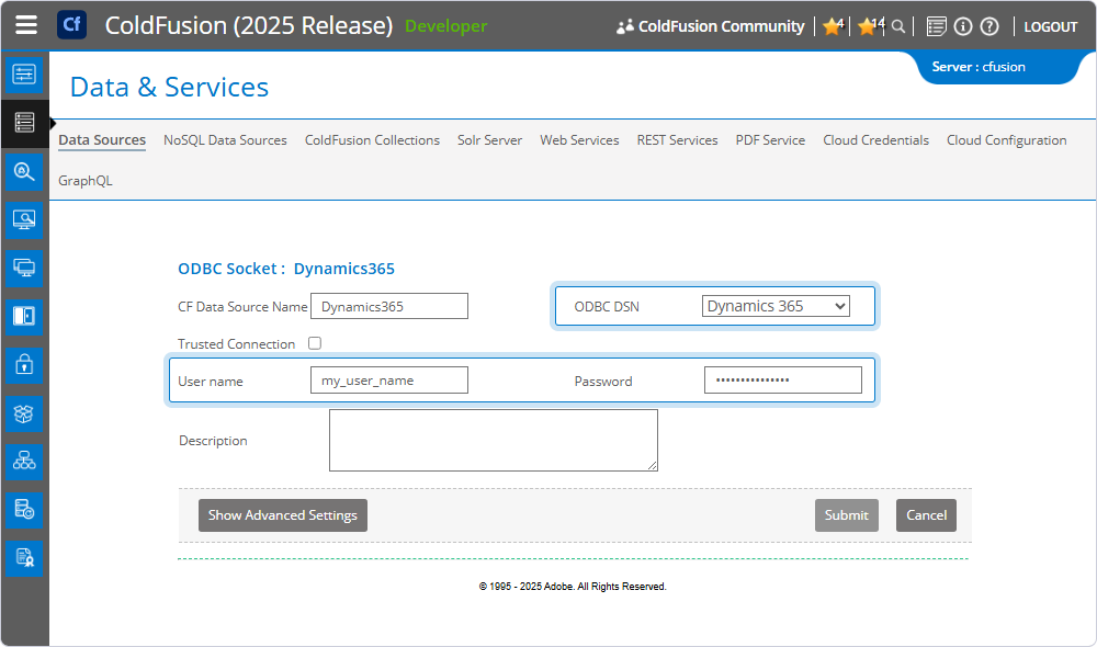 The Data & Services page with the filled ODBC DSN, User name, and Password fields