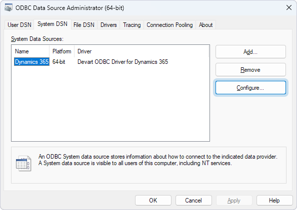 A selected DSN in ODBC Data Source Administrator