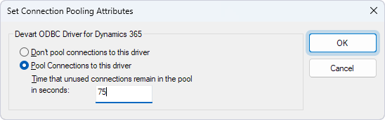 The Set Connection Pooling Attributes dialog in ODBC Data Source Administrator