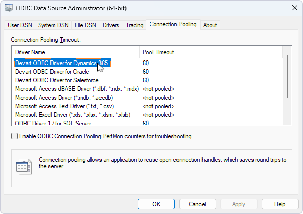 The Connection Pooling tab in ODBC Data Source Administrator