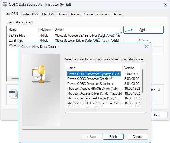 Create a Windows DSN for Dynamics 365