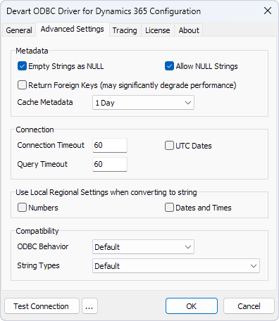The Advanced Settings tab of the Devart ODBC Driver for  Dynamics 365 Configuration window