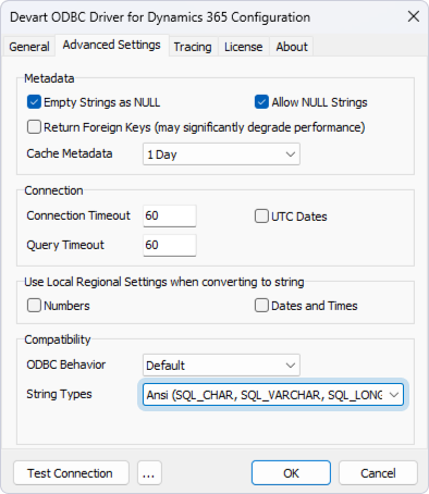 Select Ansi in Advanced Settings of the driver configuration dialog