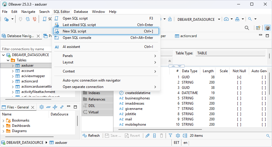 Select SQL Editor > New SQL script in DBeaver Community