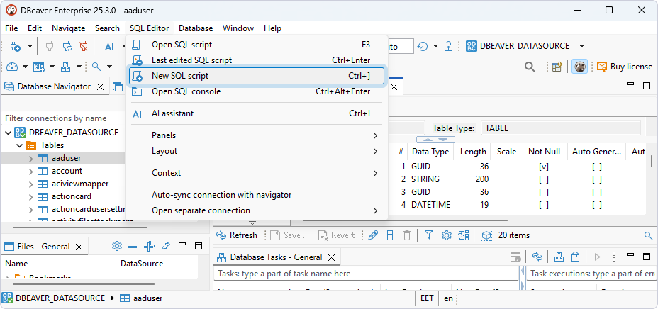 Select SQL Editor > New SQL script in DBeaver Enterprise