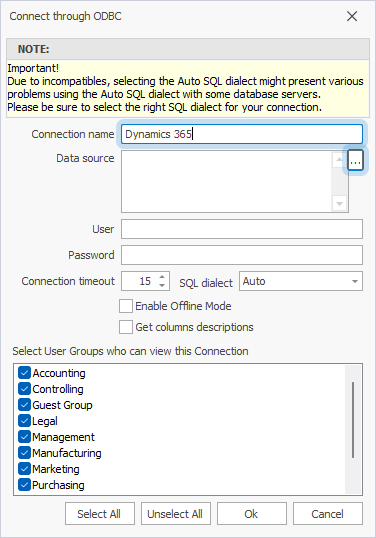 The Connect through ODBC dialog with filled out Connection name