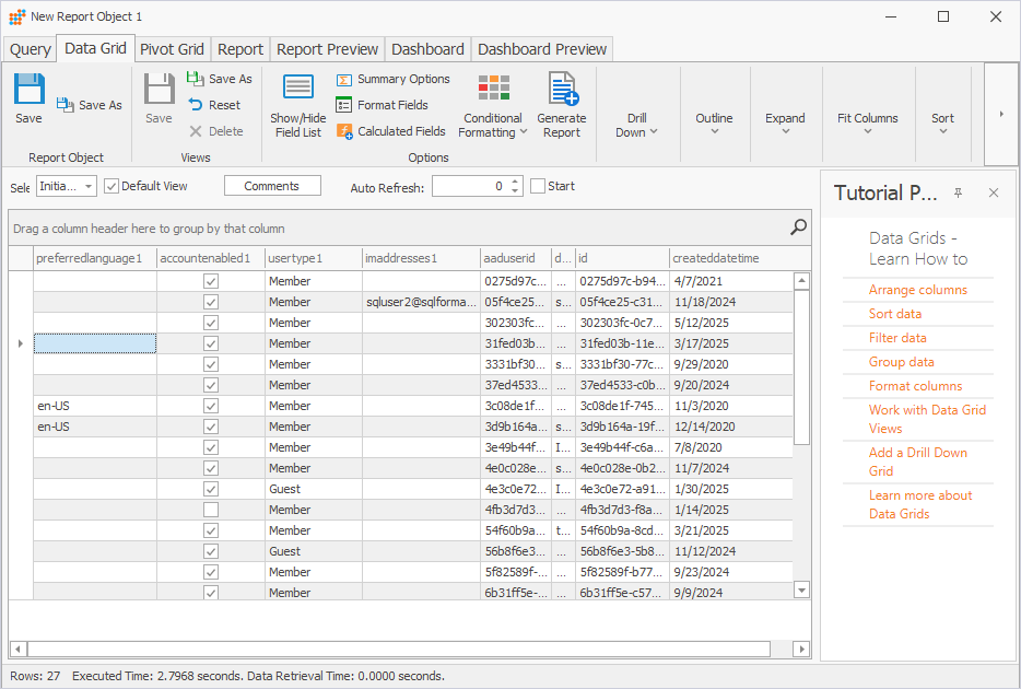 The Data Grid tab of the New Report Object