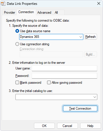 The Data Link Properties dialog with the opened Connection tab