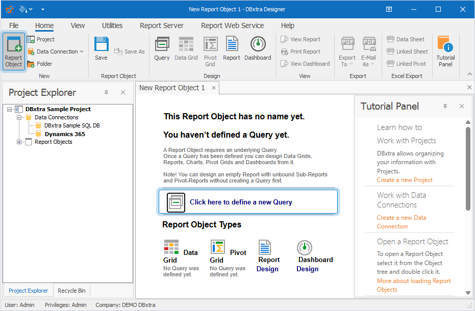 The New Report Object tab in DBxtra Designer