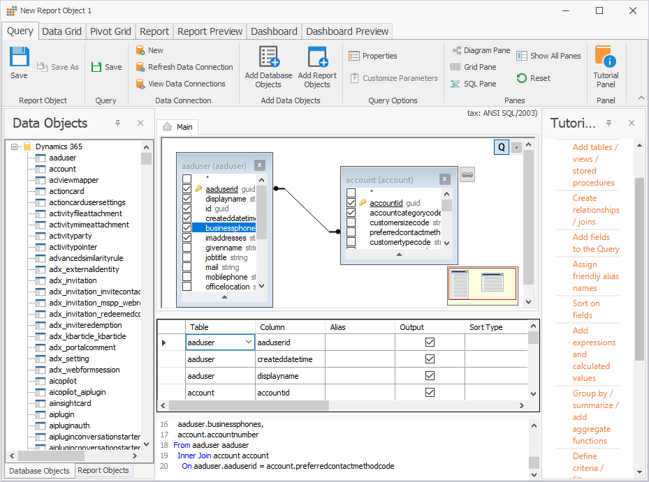 The Query tab of the New Report Object with selected tables and fields