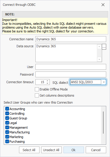 The Connect through ODBC dialog with filled out fields