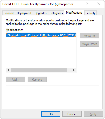 Properties dialog for the ODBC driver showing the Modifications tab with a modification file path listed.
