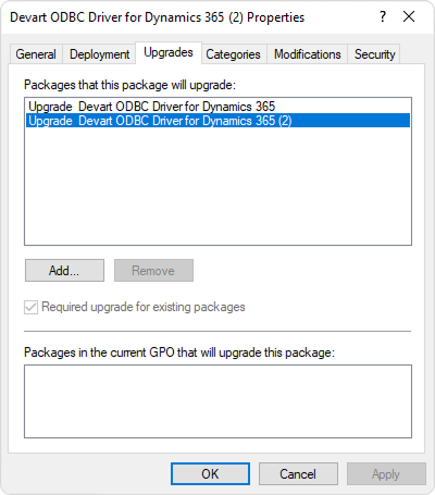 Properties dialog for the ODBC driver showing the Upgrades tab with two items listed: Upgrade and Replace.