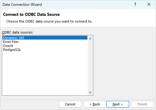 Choose the ODBC data source in the Data Connection Wizard