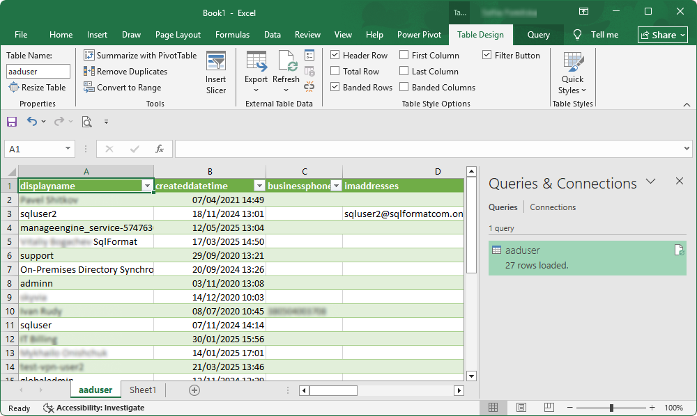 Retrieved table data in Excel