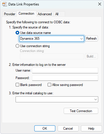Specify the data source name in Data link Properties