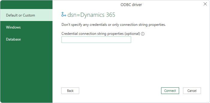 Select Default or Custom in the ODBC driver dialog