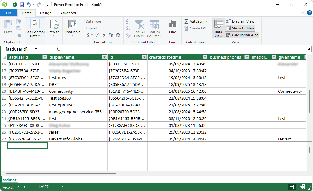 Power Pivot for Excel table data