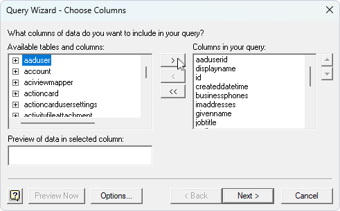 Select tables and/or columns for import