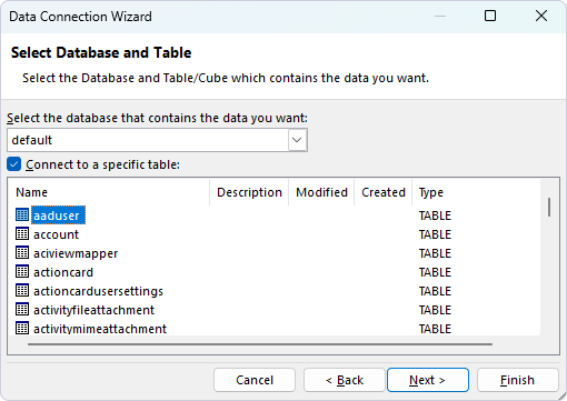 Select Database and Table page of the Data Connection Wizard