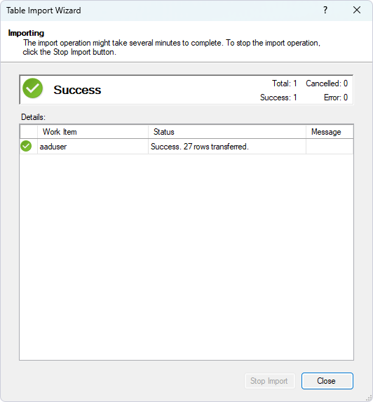 Table Import Wizard Success message