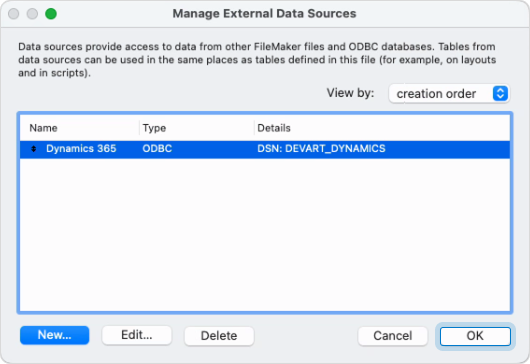 The Manage External Data Sources dialog with an added data source