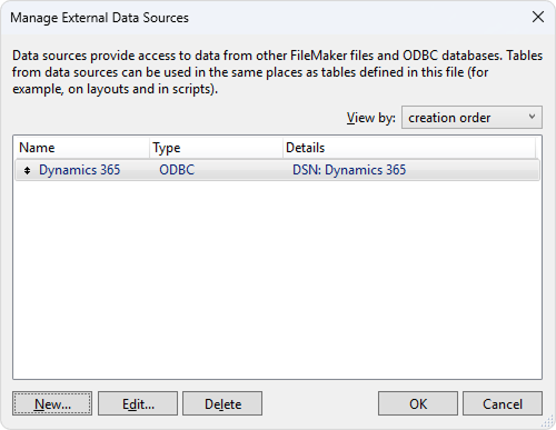 The Manage External Data Sources dialog with an added data source