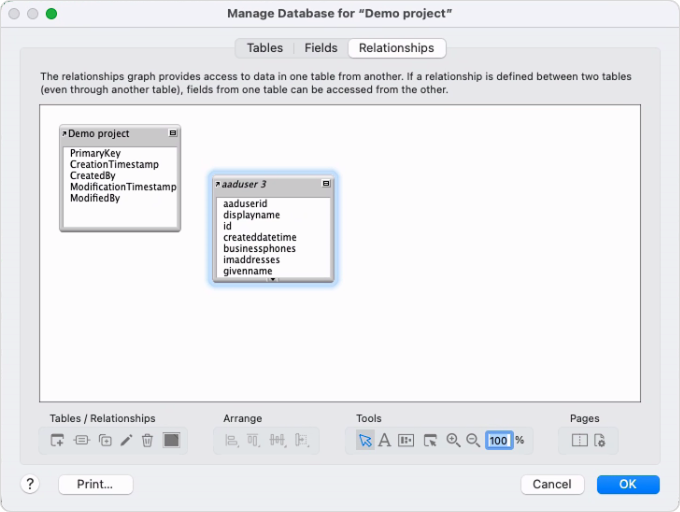 The Manage Database dialog with an added table