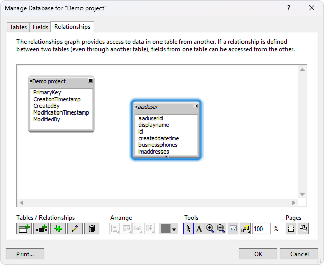 The Manage Database dialog with an added table