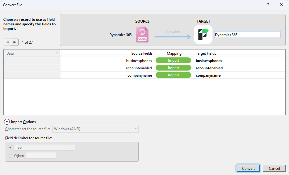 The Convert File dialog with mapped fields and the Import Summary