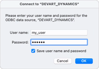 The Connect dialog asking for DSN credentials