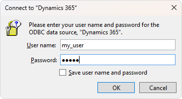 The Connect dialog asking for DSN credentials