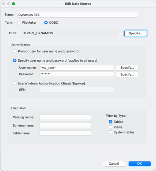 The Edit Data Source dialog with specified data source details