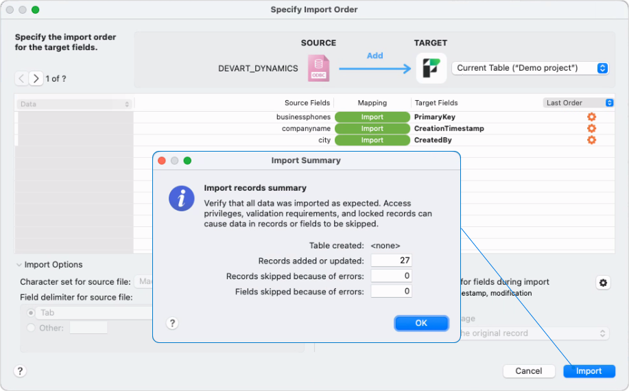 The Specify Import Order dialog with mapped fields and the Import Summary