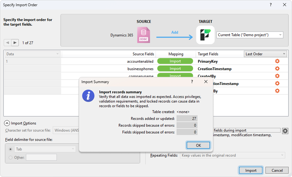 The Specify Import Order dialog with mapped fields and the Import Summary