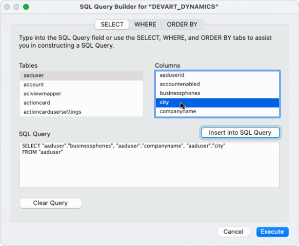 The SQL Query Builder dialog with selected columns and generated SQL query
