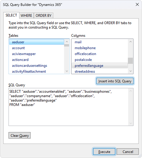 The SQL Query Builder dialog with selected columns and generated SQL query
